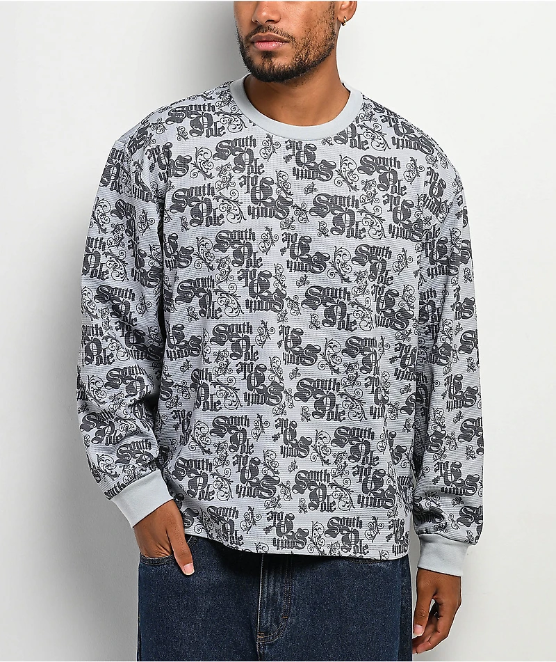 Southpole Allover Grey Thermal Long Sleeve Boxy Crop T-Shirt