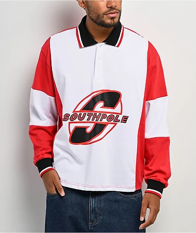 Southpole White & Red Boxy Crop Rugby Shirt