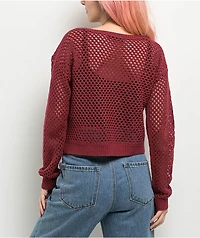 Spicychix Burgundy Open Knit Long Sleeve Crop Sweater