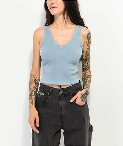 Spicychix V-Neck Blue Ribbed Crop Tank Top