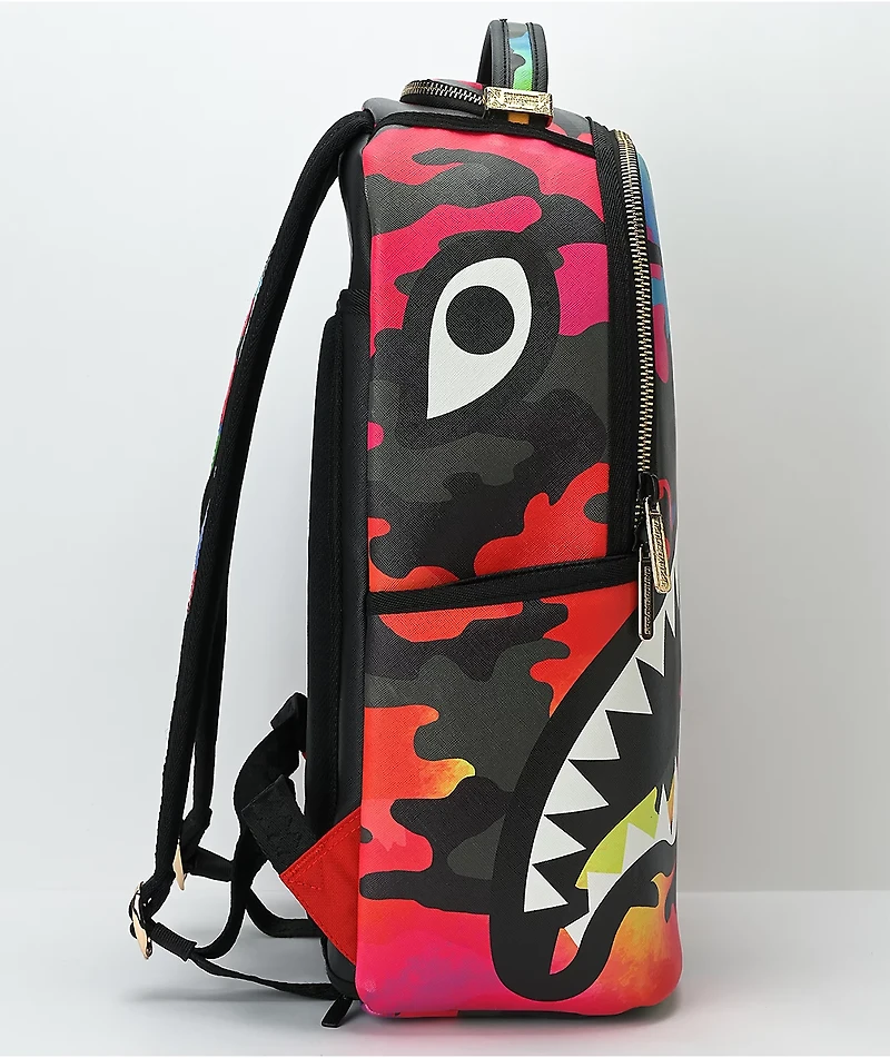 Sprayground Camoburst Deluxe Red, Orange & Green Leather Backpack
