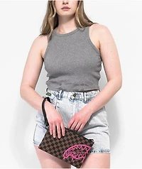 Sprayground Pink Drip Brown & Black Checkered Clutch Bag