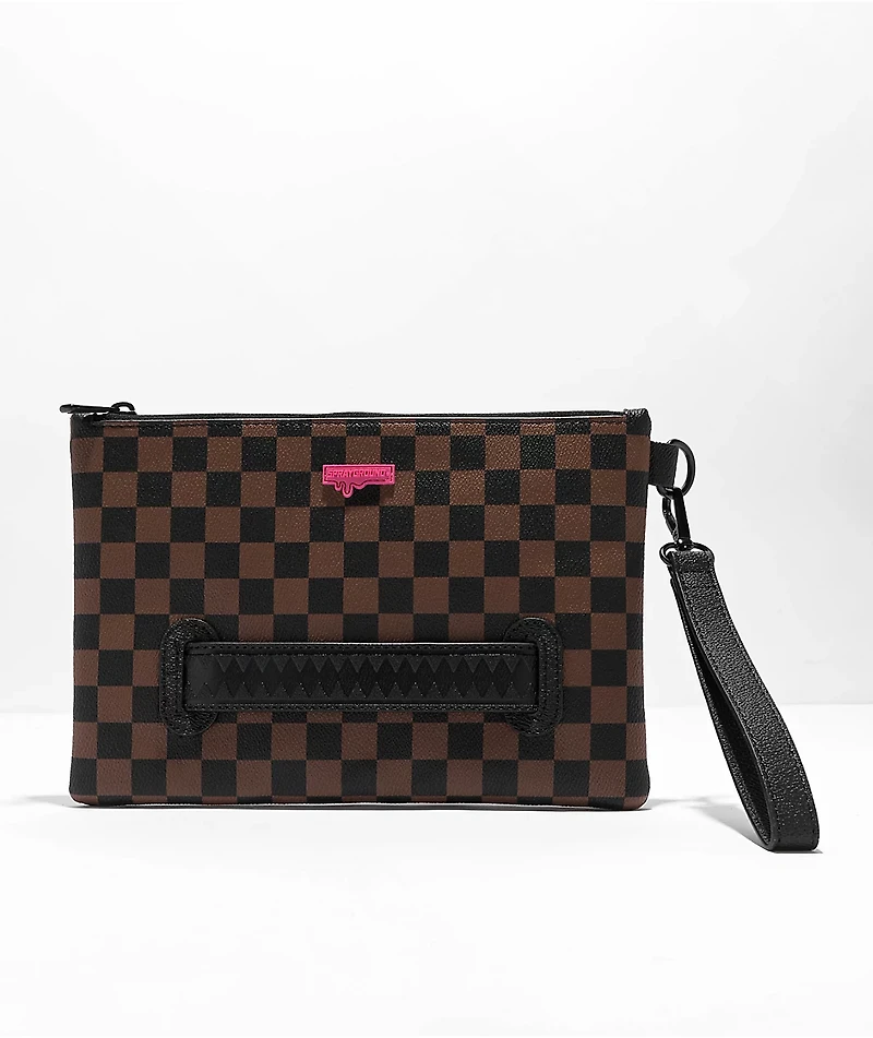 Sprayground Pink Drip Brown & Black Checkered Clutch Bag