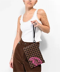 Sprayground Pink Drip Brown & Black Checkered Clutch Bag