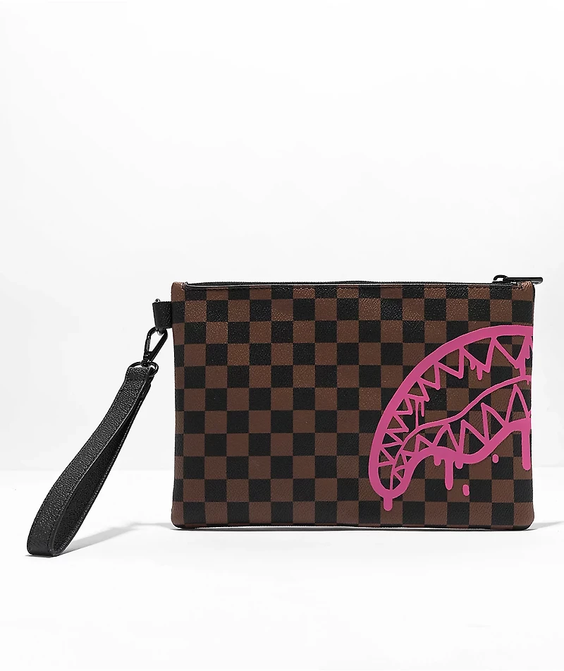 Sprayground Pink Drip Brown & Black Checkered Clutch Bag