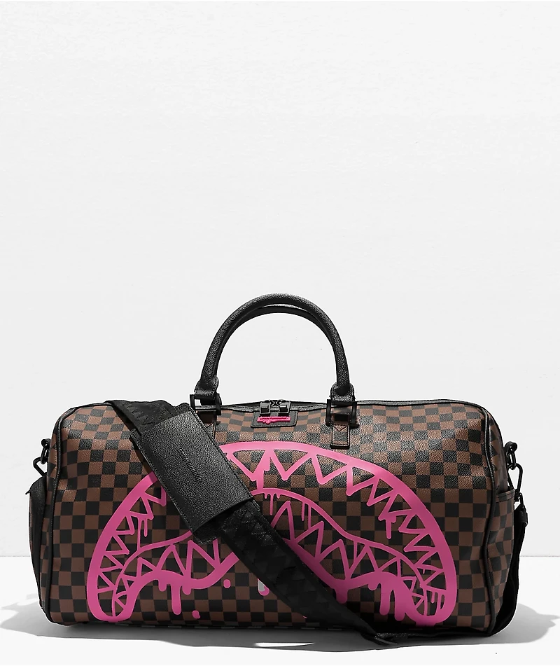 Sprayground Pink Drip Brown Checkered Duffle Bag