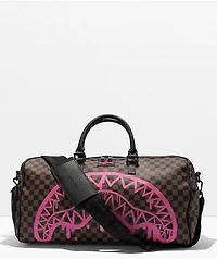 Sprayground Pink Drip Brown Checkered Duffle Bag