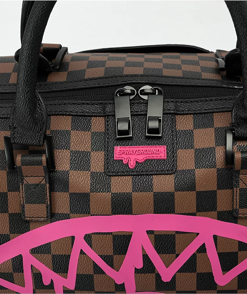 Sprayground Pink Drip Brown Checkered Duffle Bag