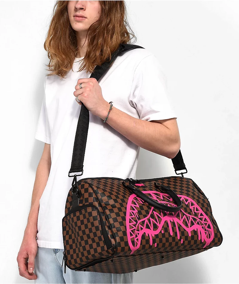 Sprayground Pink Drip Brown Checkered Duffle Bag