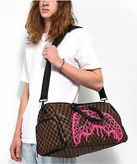 Sprayground Pink Drip Brown Checkered Duffle Bag