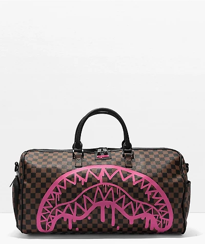 Sprayground Pink Drip Brown Checkered Duffle Bag