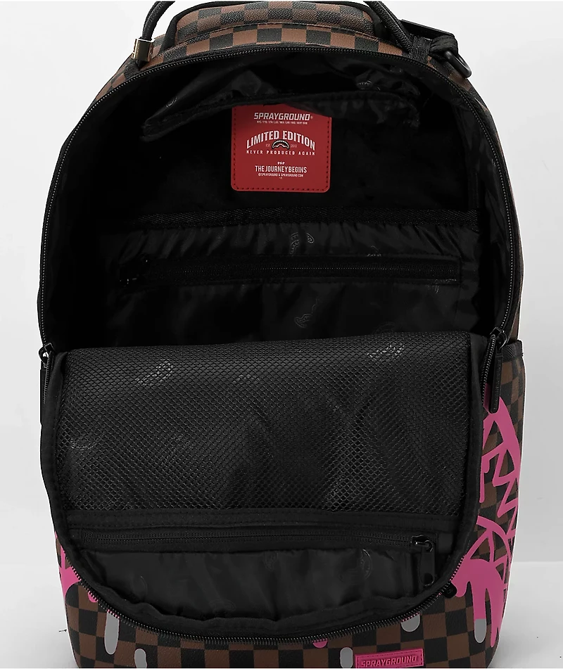 Sprayground Pink Drip DLX Brown Checkered Backpack