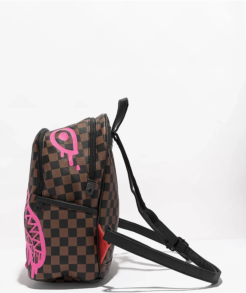 Sprayground Pink Drip Savage Brown & Black Checkered Mini Backpack