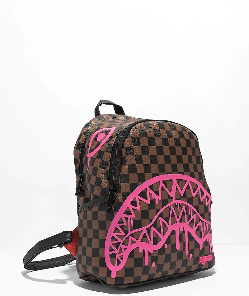 Sprayground Pink Drip Savage Brown & Black Checkered Mini Backpack