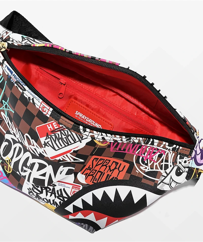 Sprayground Tagged Up Sharks In Paris Brown Checkered Fanny Pack