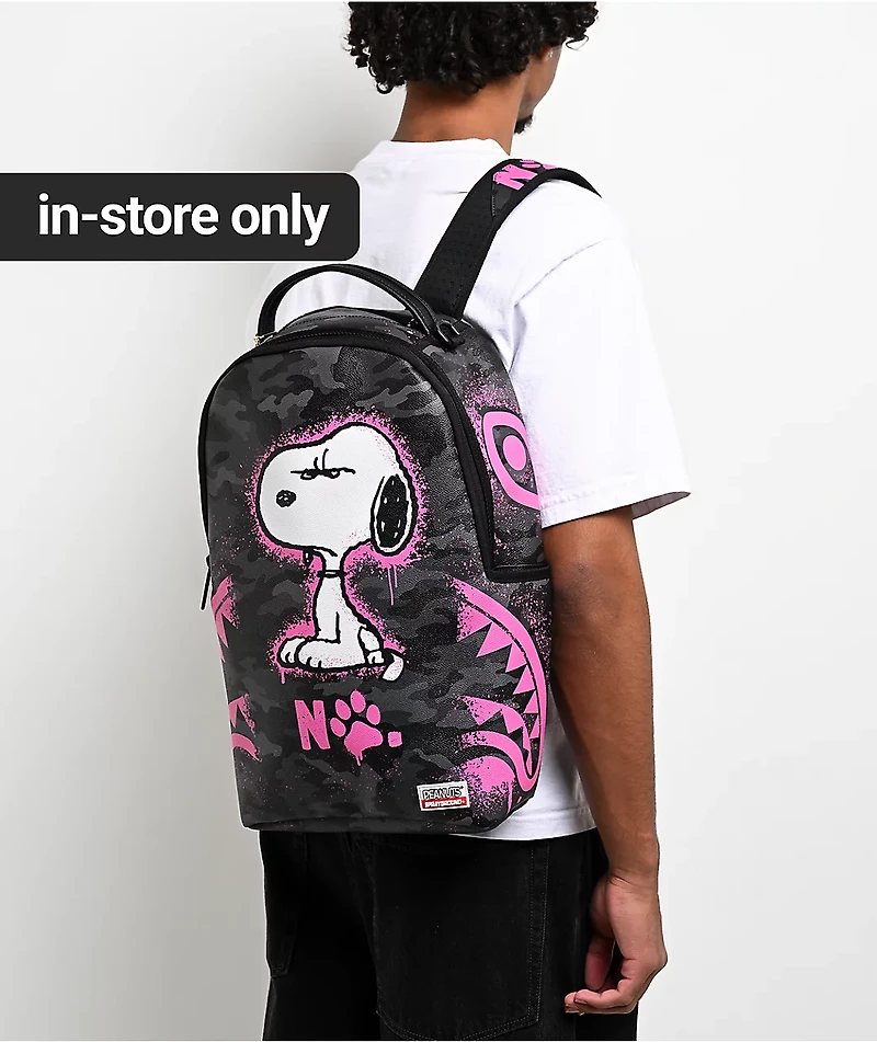 Sprayground X Peanuts Snoopy Pink Stencil Grey Camo Backpack