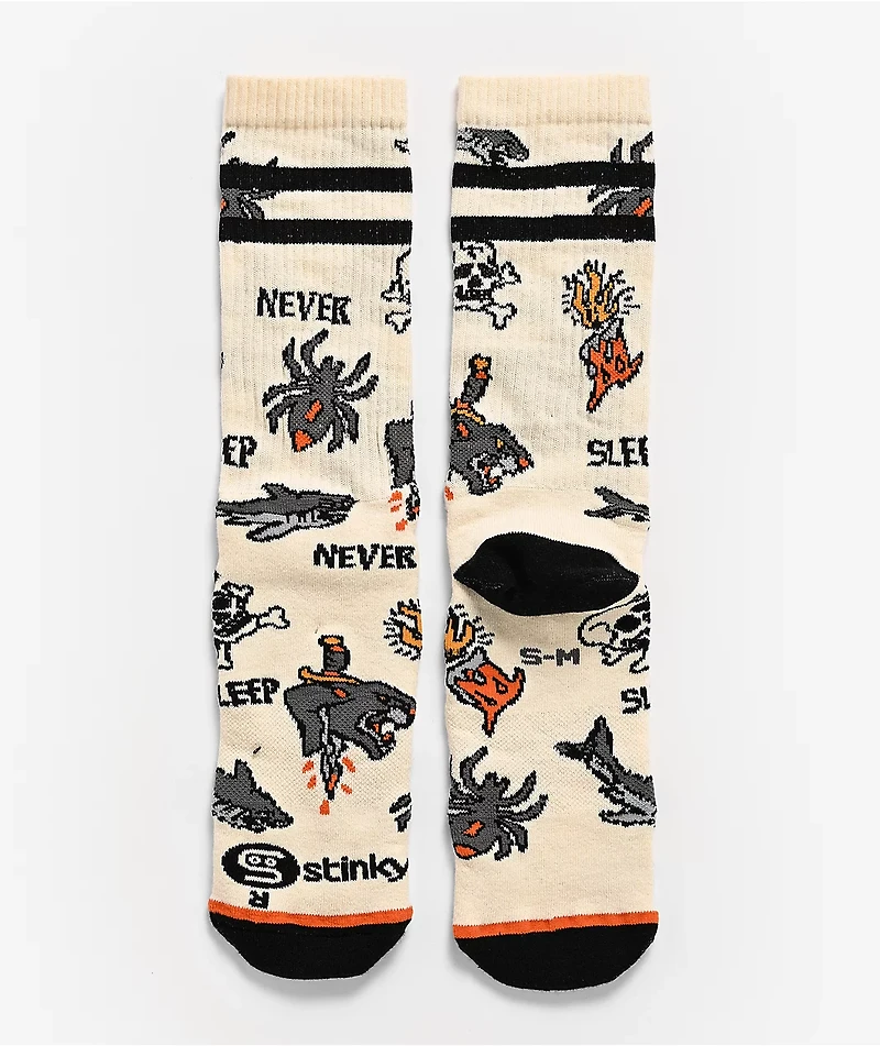 Stinky Socks Never Sleep Beige Crew Socks