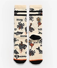 Stinky Socks Never Sleep Beige Crew Socks