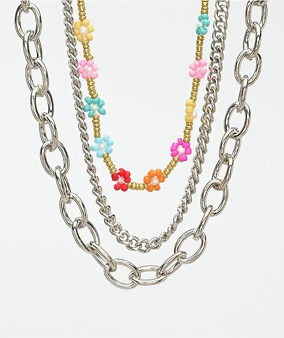 Stone + Locket 18" Beaded Flower & Chain Necklace