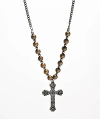 Stone + Locket Beaded Cross Necklace