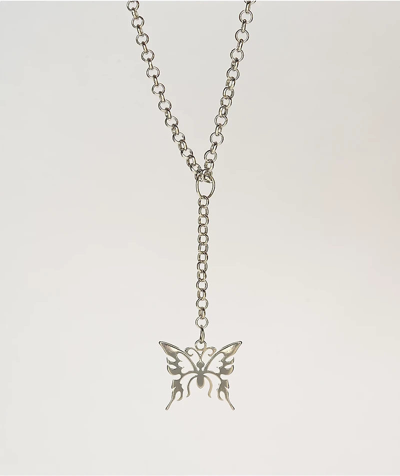 Stone + Locket Butterfly Drop Chain Necklace