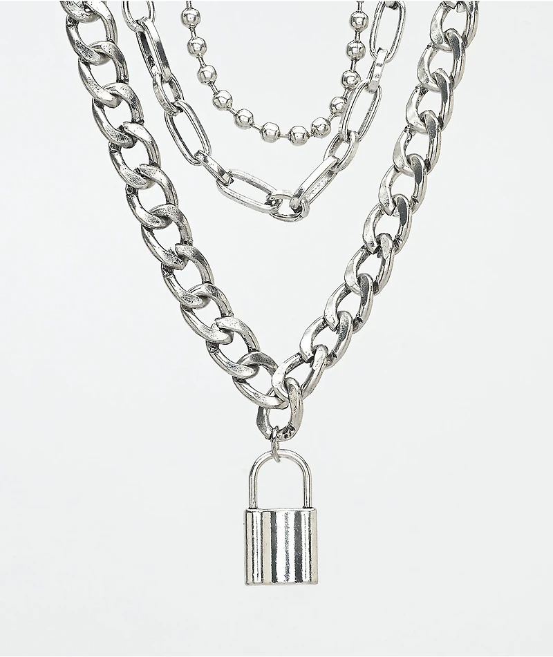 Stone + Locket Lock & Chain 18" Silver Layered Necklace Pack