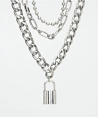 Stone + Locket Lock & Chain 18" Silver Layered Necklace Pack