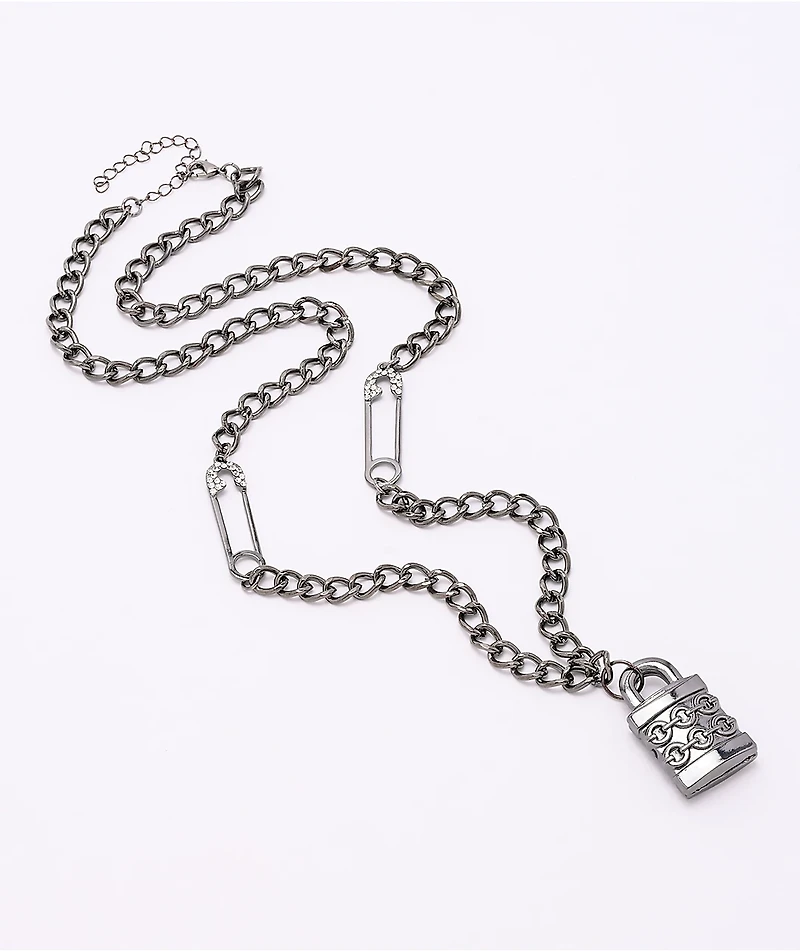 Stone + Locket Padlock Gunmetal 24" Necklace