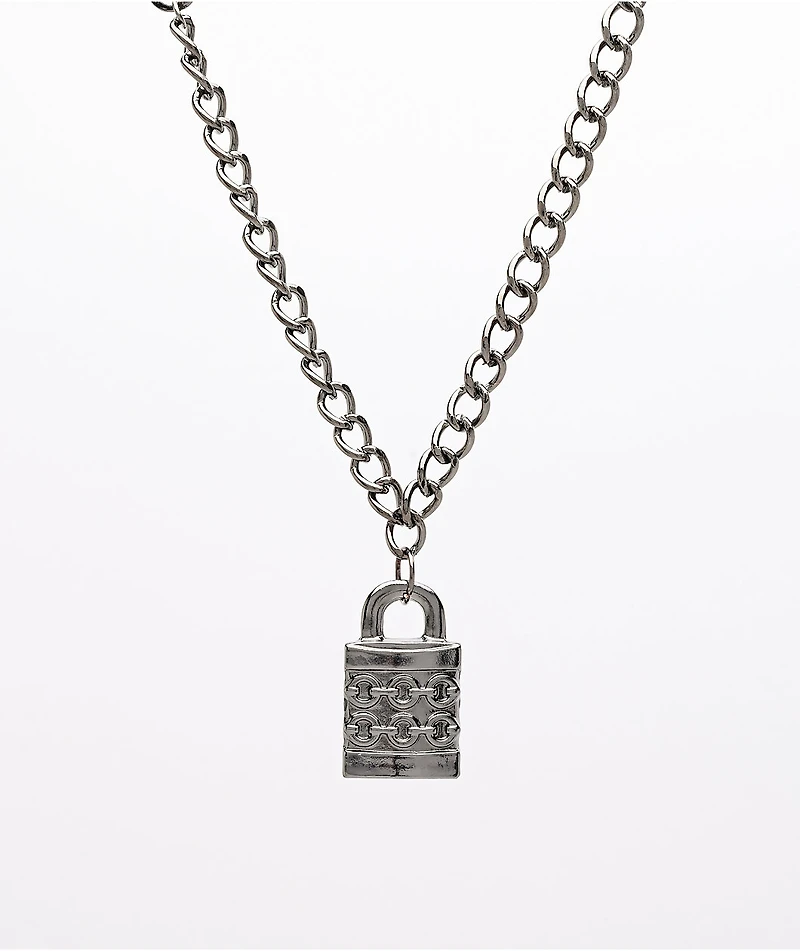 Stone + Locket Padlock Gunmetal 24" Necklace