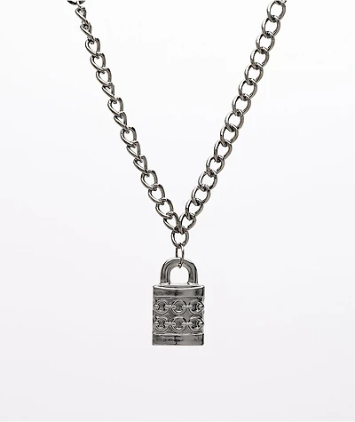 Stone + Locket Padlock Gunmetal 24" Necklace