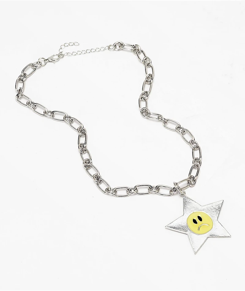 Stone + Locket Sad Star 20" Silver Necklace