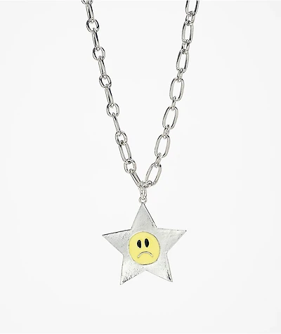 Stone + Locket Sad Star 20" Silver Necklace