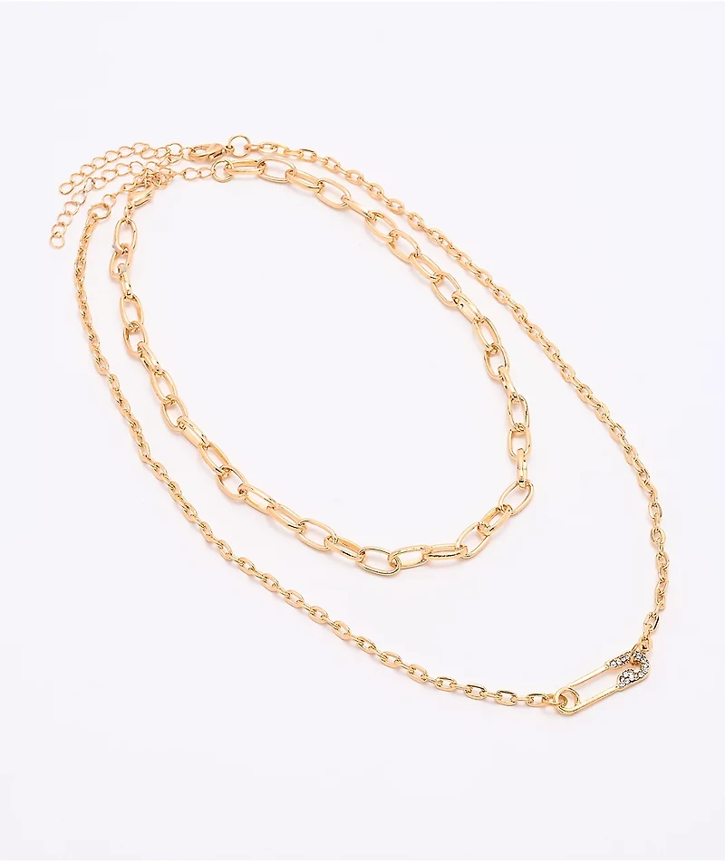 Stone + Locket Safety Pin 16" Gold 2 Pack Necklaces