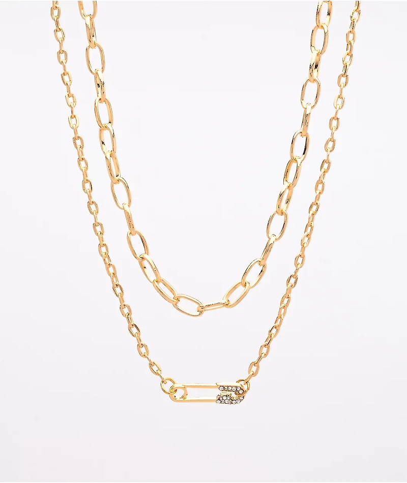 Stone + Locket Safety Pin 16" Gold 2 Pack Necklaces