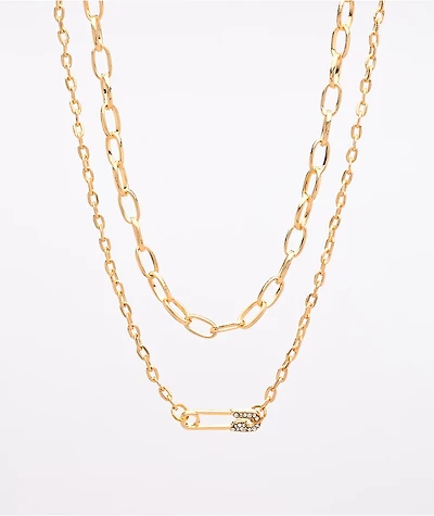 Stone + Locket Safety Pin 16" Gold 2 Pack Necklaces