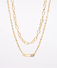 Stone + Locket Safety Pin 16" Gold 2 Pack Necklaces