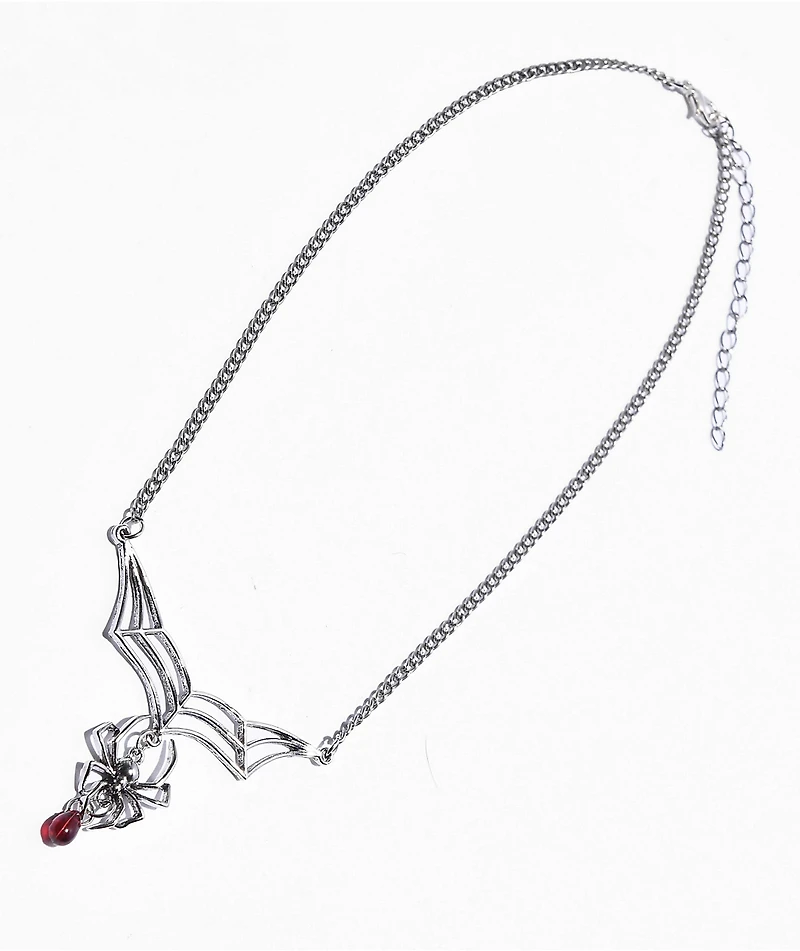 Stone + Locket Spider 18" Silver Chain Necklace