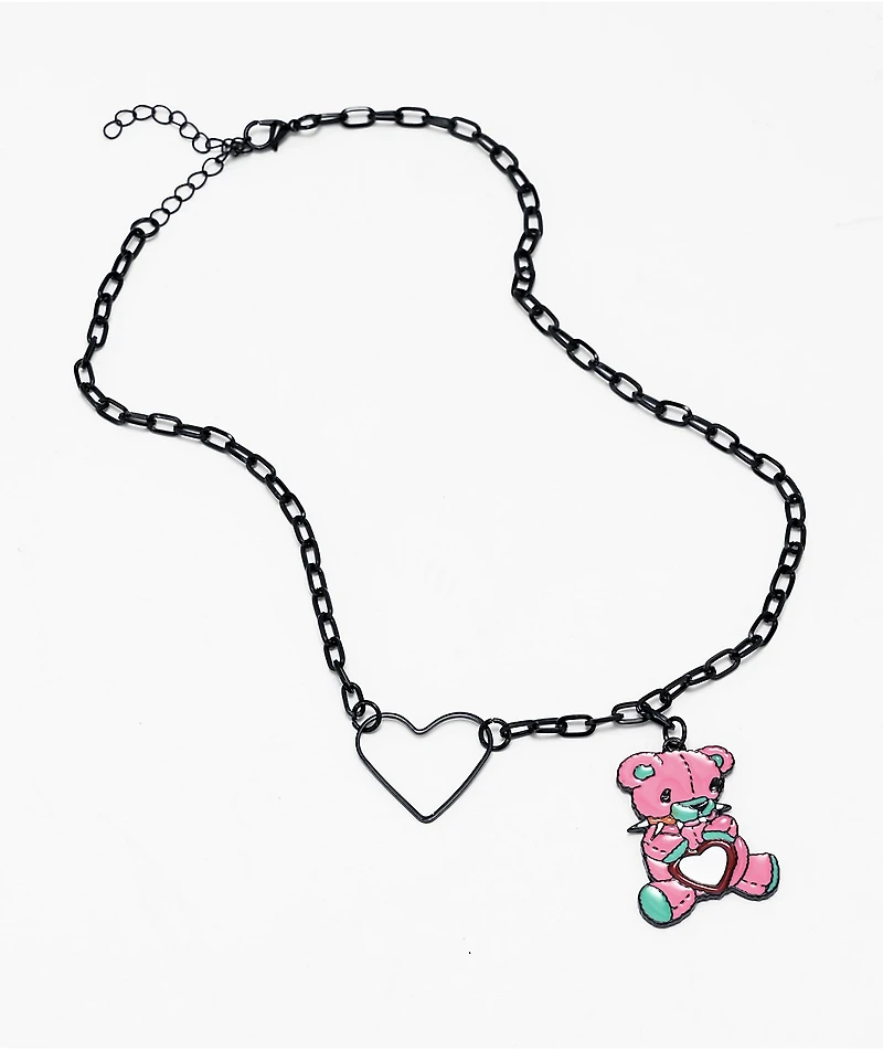 Stone + Locket Spike Bear 10" Black Chain Necklace