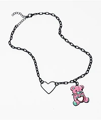 Stone + Locket Spike Bear 10" Black Chain Necklace