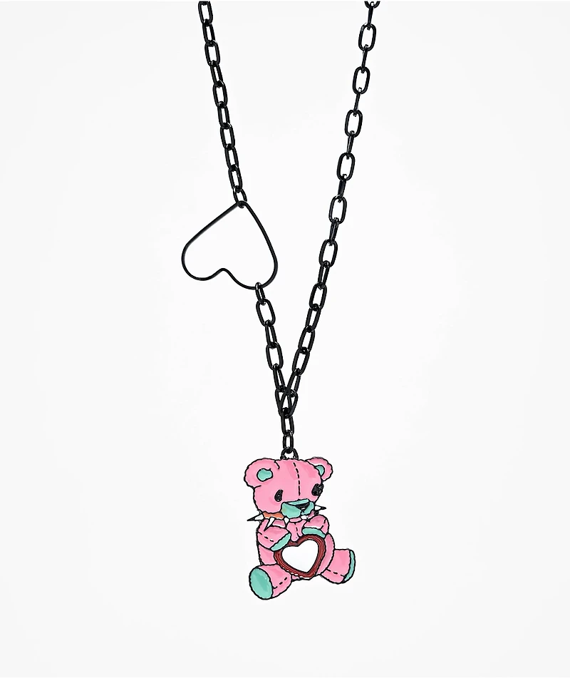 Stone + Locket Spike Bear 10" Black Chain Necklace