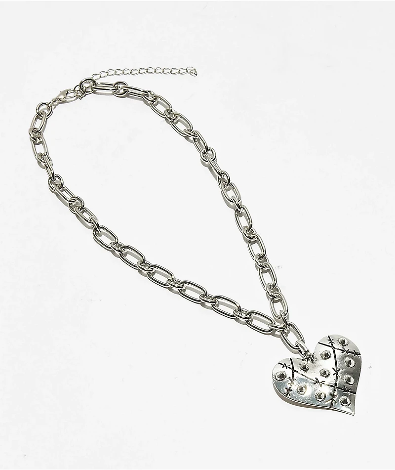 Stone + Locket Spiked Heart 16" Silver Necklace