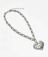 Stone + Locket Spiked Heart 16" Silver Necklace