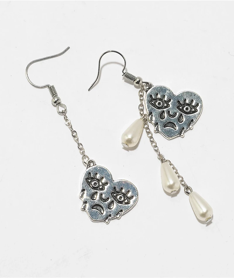 Stone + Locket Tear Drop Asymmetrical Earring