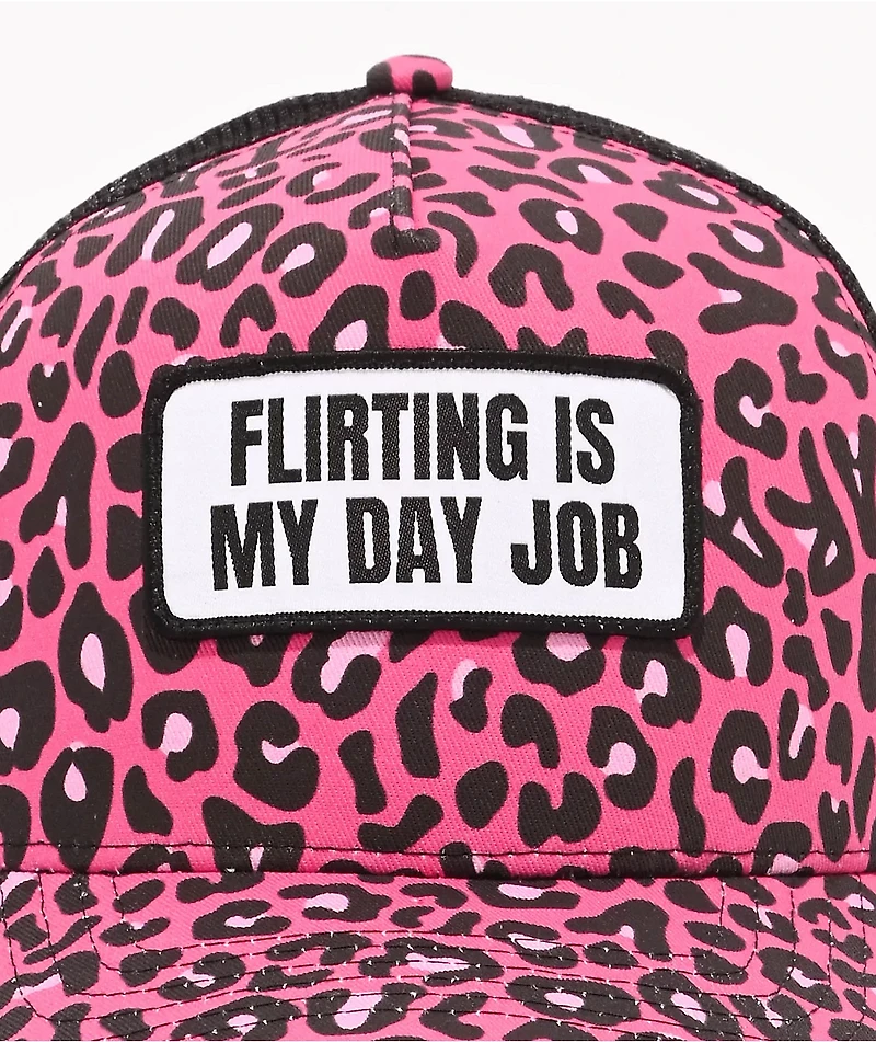Tara Yummy Flirting Is My Day Job Pink & Black Cheetah Print Trucker Hat