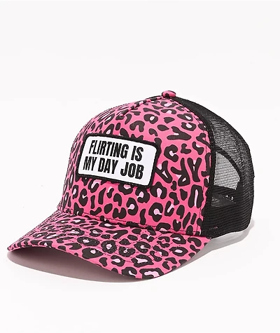 Tara Yummy Flirting Is My Day Job Pink & Black Cheetah Print Trucker Hat