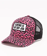 Tara Yummy Flirting Is My Day Job Pink & Black Cheetah Print Trucker Hat
