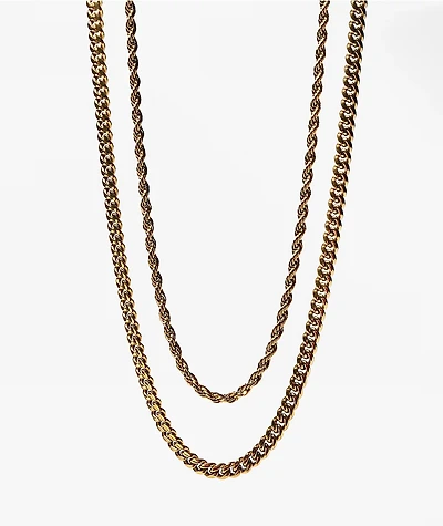 The Gold Gods Cuban & Rope Yellow Gold Chain Necklace Set
