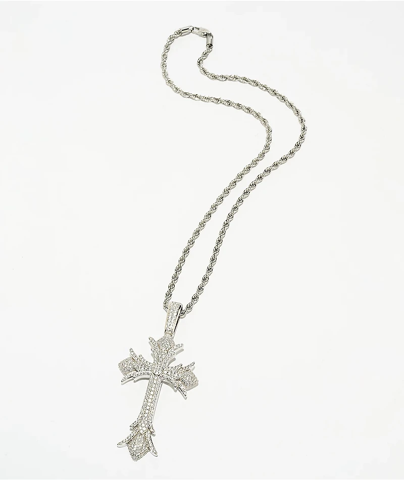 The Gold Gods Diamond Cross Pendant White Gold Rope Chain Necklace