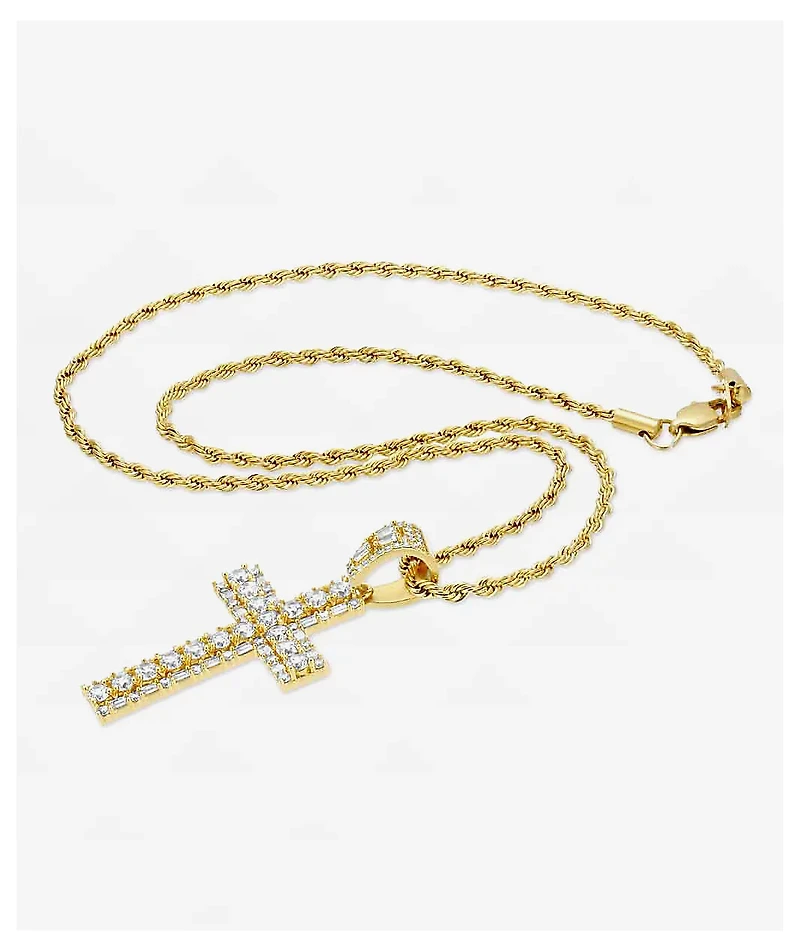 The Gold Gods Diamond Round Cut Cross 22" Rope Chain Necklace