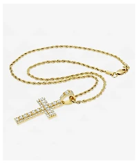 The Gold Gods Diamond Round Cut Cross 22" Rope Chain Necklace